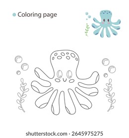 Cute Octopus Coloring Page for Kids’ Ocean Themed Activities and Educational Projects. Playful Marine Animal with Bubbles and Plants.