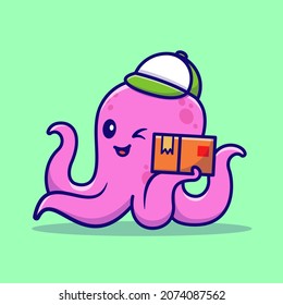 Cute Octopus Courier Holding Package Box Cartoon Vector Icon Illustration. Animal Business Icon Concept Isolated Premium Vector. Flat Cartoon Style