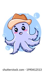 Cute octopus and cowboy hat animal cartoon illustration