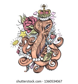 Cute octopus in a crown with a rose and a trident. Vector illustration isolated on white background for tattoos, print on T-shirts and much more.