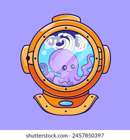 Cute Octopus In Diver Helmet Cartoon Vector Icon Illustration. Animal Science Icon Concept Isolated Premium Vector. Flat Cartoon Style