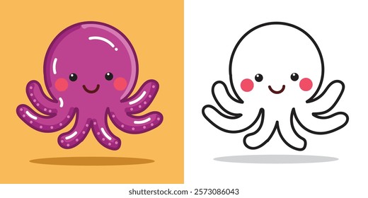 A cute octopus doll cartoon illustration for sticker, design element, or coloring book element