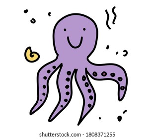 Opulpo lindo al estilo doodle. Dibujado a mano, caricatura, pulpo divertido. Concepto de vida marina y oceánica. Ilustración vectorial aislada en un fondo blanco.