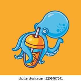 cute octopus drink boba. isolated cartoon animal illustration. Flat Style Sticker Icon Design Premium Logo vector. Mascot Character