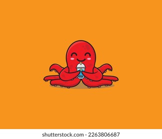 Cute Octopus Drink Boba Vector Design