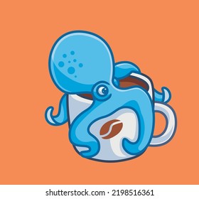 cute octopus drink a coffee. isolated cartoon animal nature illustration. Flat Style Sticker Icon Design Premium Logo vector. Mascot Character