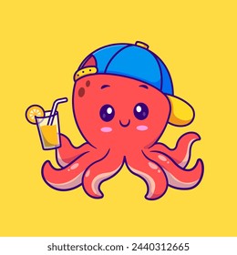 Cute Octopus Drink Orange Juice With Hat Cartoon Vector Icon Illustration. Animal Drink Icon Concept Isolated Premium Vector. Flat Cartoon Style