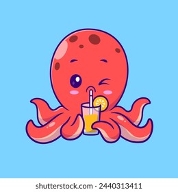 Pulpo lindo Bebida Jugo de Naranja Dibujo Animado Ilustración Vectorial. Icono de bebida animal concepto aislado Vector Premium. Estilo plano de dibujos animados