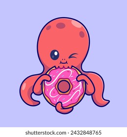 Cute Octopus Eating Donut Cartoon Vector Icon Illustration. Animal Food Icon Concept Isolated Premium Vector. Flat Cartoon Style