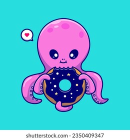 Cute Octopus Eating Donut Space Cartoon Vector Icon Illustration. Animal Food Icon Concept Isolated Premium Vector. Flat Cartoon Style