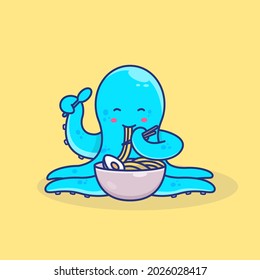 cute octopus eating ramen illustration