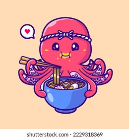 Cute Octopus Eating Ramen Noodle Cartoon Vector Icon Illustration. Animal Food Icon Concept Isolated Premium Vector. Flat Cartoon Style