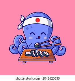 Cute Octopus Eating Sushi Cartoon Vector Icon Illustration. Animal Food Icon Concept Isolated Premium Vector. Flat Cartoon Style