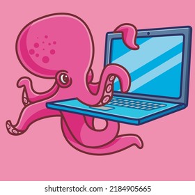 cute octopus employee working hacker. isolated cartoon animal nature illustration. Flat Style Sticker Icon Design Premium Logo vector. Mascot Character