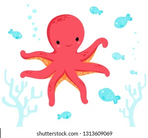 Cute octopus floating among fishes. Clipart of sea monster. Underwater fish and turquoise coral reef. Marine colourful cartoon animals. Vector illustration.
