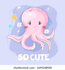 Cute octopus with flower and bubbles background
