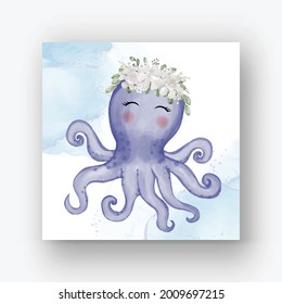 cute octopus with flower white watercolor illustration