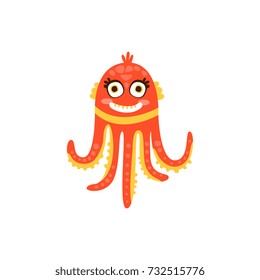 Cute octopus, funny sea creature hand drawn vector Illustration