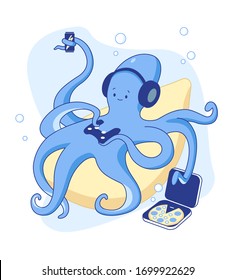 Cute octopus gamer plays videogame on console at home. Stay at home. 