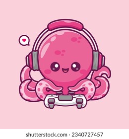 Cute Octopus Gaming Cartoon Vector Icon Illustration. Animal Technology Icon Concept Isolated Premium Vector. Flat Cartoon Style