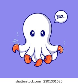 Cute Octopus Ghost Swimming Cartoon Vector Icon Illustration. Animal Holiday Icon Concept Isolated Premium Vector. Flat Cartoon Style