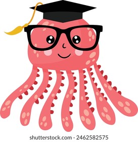 Cute octopus with graduation cap and glasses