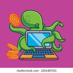 cute octopus hacker carding to get the money. isolated cartoon animal illustration. Flat Style Sticker Icon Design Premium Logo vector. Mascot Character