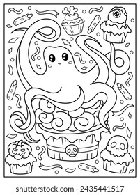 Netter Oktopus mit Halloween Süßigkeiten. Malbuch für Kinder. Malbuch für Erwachsene. Halloween.