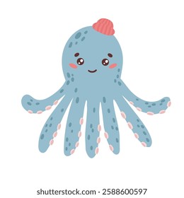 Cute octopus with hand drawn sea life elements. Sea animals. Vector doodle cartoon octopus of marine life objects for your design.