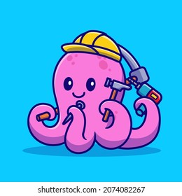 Cute Octopus Handyman Cartoon Vektorsymbol Illustration. Tierbau-Icon Konzept isoliert Premium-Vektorgrafik. Flachbildkartonstil