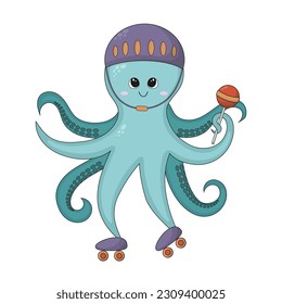 A cute octopus in a helmet on roller skates, holds a candy bar with a tentacle. Vector illustration in cartoon style on a white background. Cute cartoon sea animal for postcards or stickers.