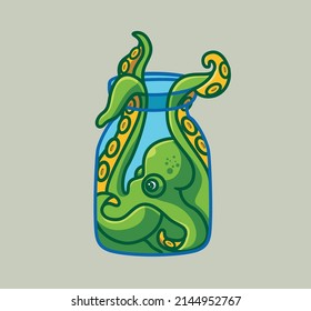 cute octopus hide inside the jar bottle. isolated cartoon animal nature illustration. Flat Style Sticker Icon Design Premium Logo vector. Mascot Character