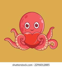 Cute octopus holding big heart Cartoon Sticker vector Illustration