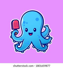 Cute Octopus Holding Ice Cream Popsicle Cartoon Vector Icon Illustration. Animal Food Icon Concept Isolated Premium Vector. Flat Cartoon Style