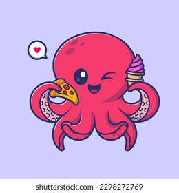 Cute Octopus Holding Ice Cream and Pizza Cartoon Vector Icon Illustration. Animal Food Icon Concept Isolated Premium Vector. Flat Cartoon Style