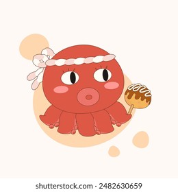 lindo pulpo sosteniendo takoyaki japonés, Ilustración vectorial