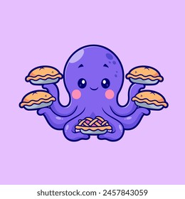 Cute Octopus Holding Pie Cake Cartoon Vector Icon Illustration. Animal Food Icon Concept Isolated Premium Vector. Flat Cartoon Style