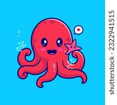 Cute Octopus Holding Starfish Cartoon Vector Icon Illustration.   Animal Nature Icon Concept Isolated Premium Vector. Flat Cartoon Style