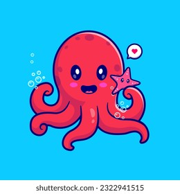 Octopus Cuto Con Icono De Vector De Caricatura De Starfish.   Concepto de icono de la naturaleza animal Vector Premium aislado. Estilo de dibujo plano