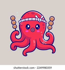 Octopus Cuto Con Icono Del Vector De Caricatura Takoyaki. Vector Premium Aislado De Icono De Alimentos Animales. Estilo de dibujo plano