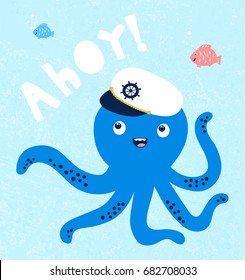 cute octopus illustration for kids and babies, vector