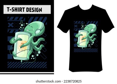 cute octopus illustration for t-shirt, vector design. octopus is listening to music, mammal under the sea. suitable for printing on clothes, t-shirts, apparel, merchandise, posters, stickers.