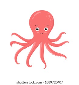 Cute octopus isolated on white background. Funny cartoon character of sea animal. Flat vector illustration for card or kids print