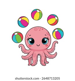 Cute Octopus Juggling Beach Balls – Fun Cartoon Sea Animal Art

