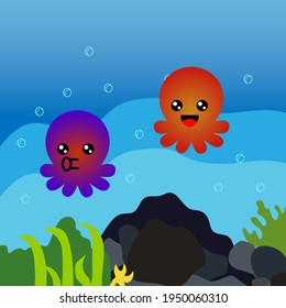 Cute octopus kawaii sticker icon isolated underwater illustration