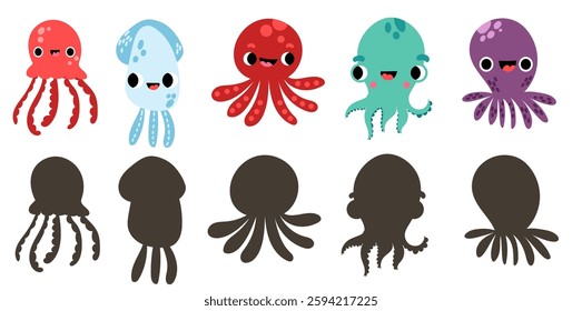 Cute octopus kid character with silhouette shadow . Ocean sea animals. Vector doodle cartoon set ideal for educational printable page.