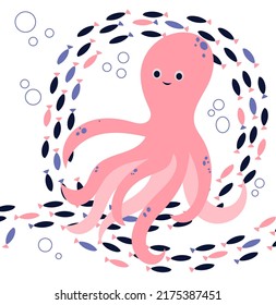 Cute Octopus Kids Illustration. Pink Squid With Little Fish On Backround. Sea Life Illustration