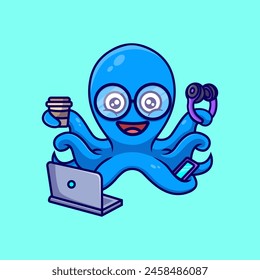  Lindo un pulpo con la computadora portátil y auriculares ilustración de dibujos animados. Concepto de icono de verano. Estilo de dibujos animados planos