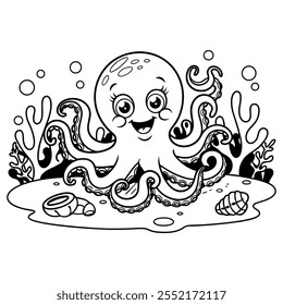 A cute octopus line art coloring book page for kids vector art illustration on white background.