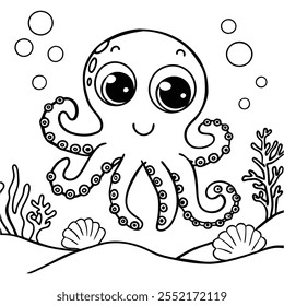 A cute octopus line art coloring book page for kids vector art illustration on white background.